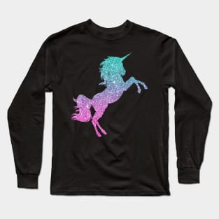 Bright Teal and Pink Ombre Faux Glitter Unicorn Long Sleeve T-Shirt